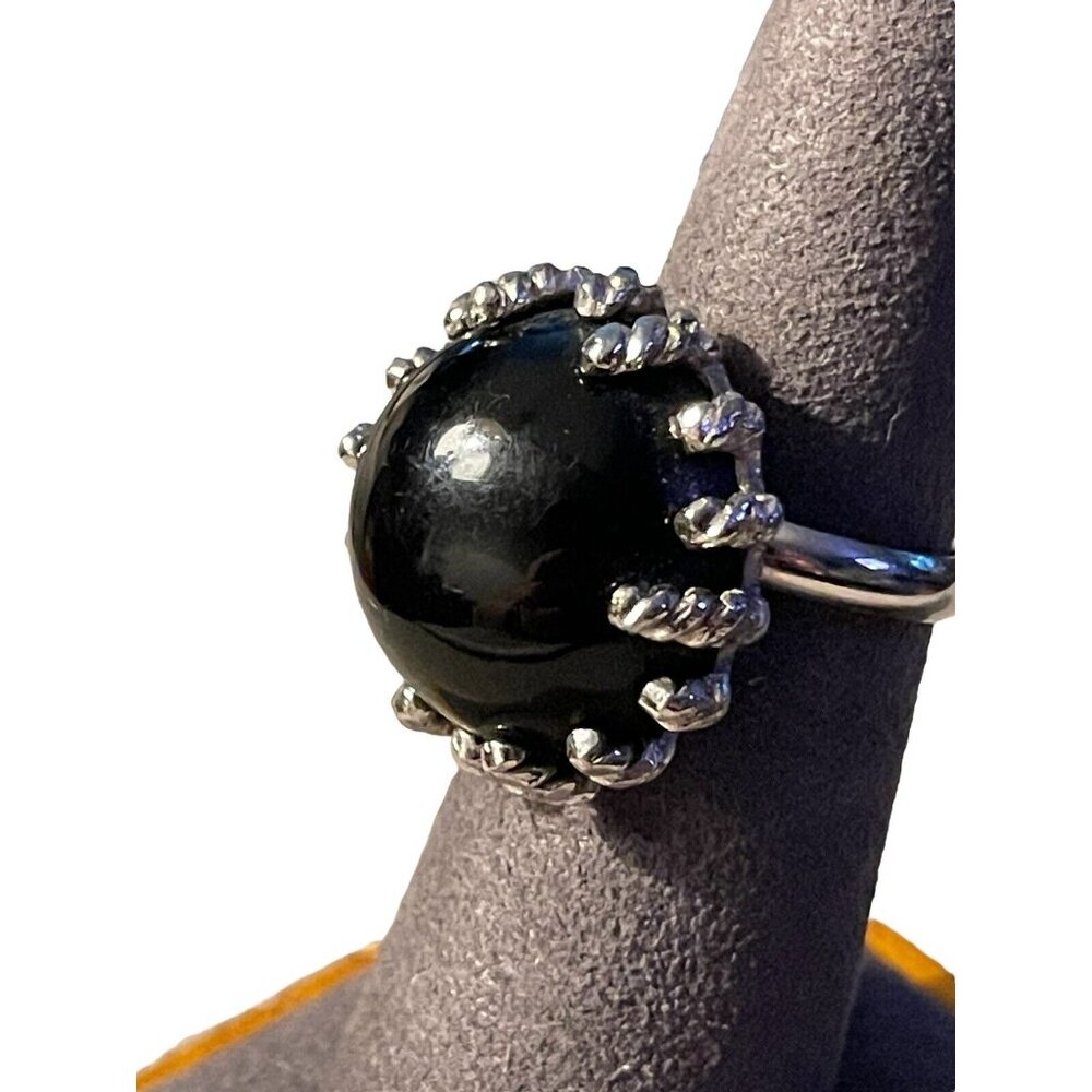 Silver Tone Black Lucite Chunky Claw Prong Dome Ring Vintage Adjustable‎ Round